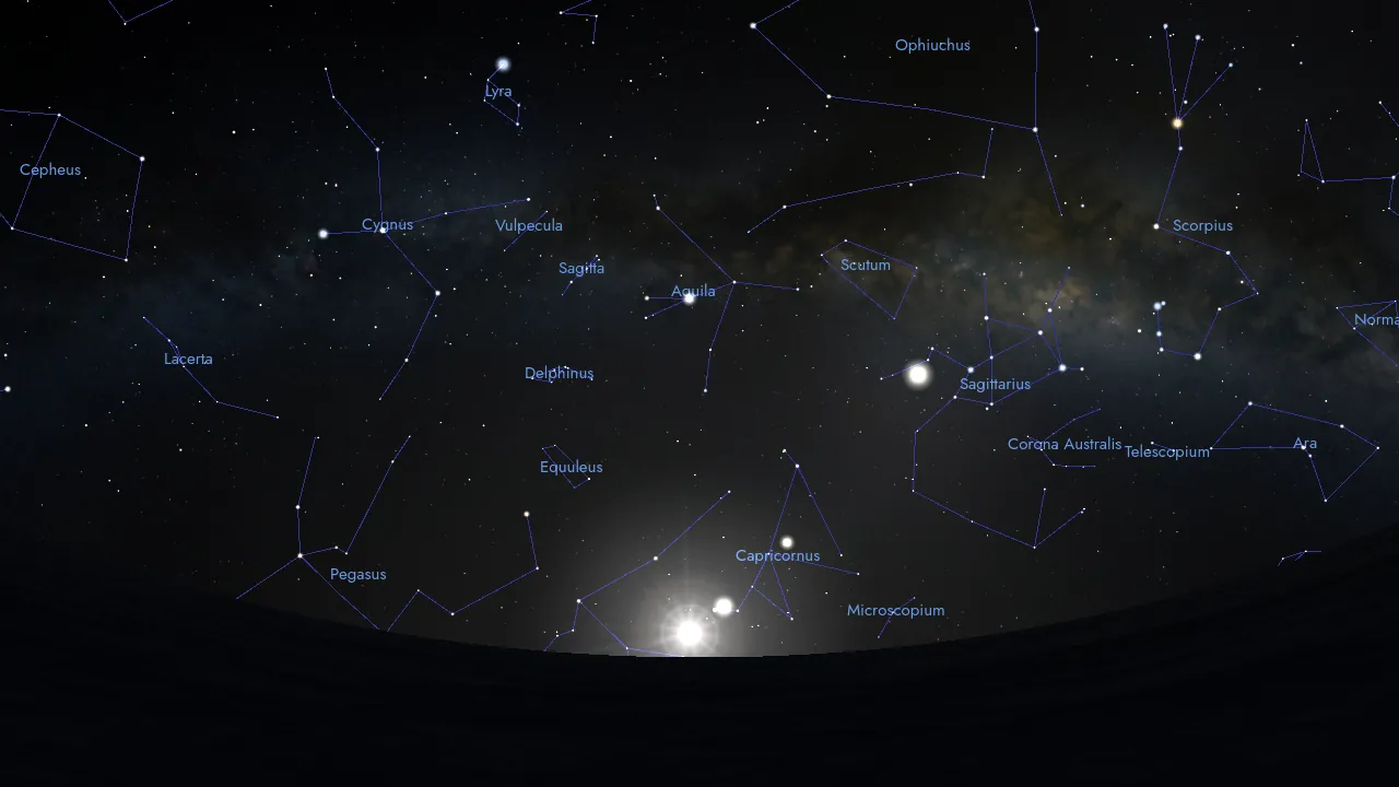 Fig. 1 - Équinoxe vernal en 21'810 av. J.-C. vu depuis la surface de la Terre