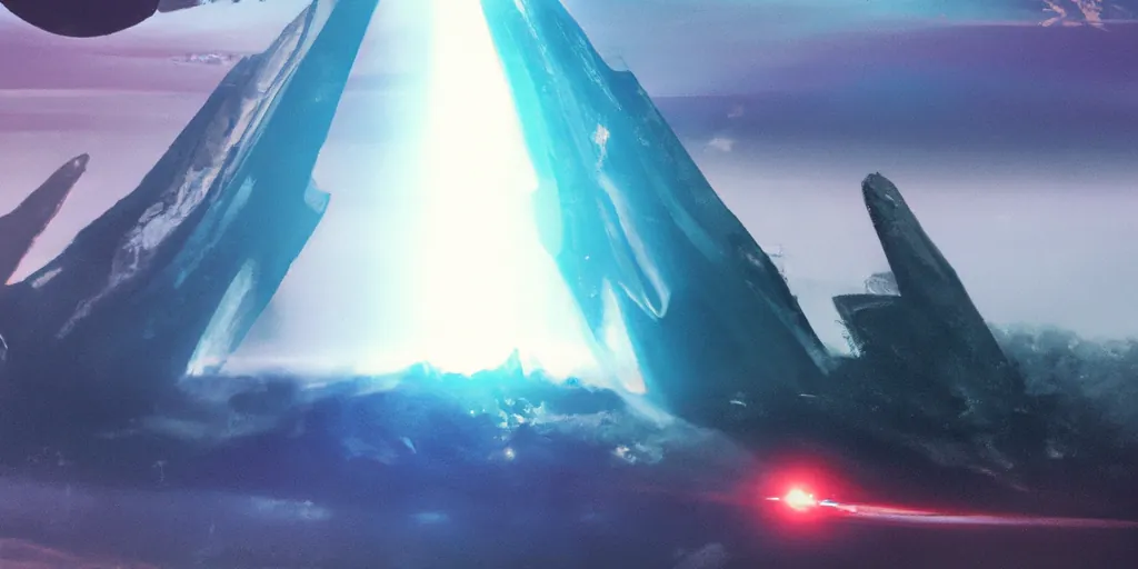 Ill. 5 - Landmark structure emitting bright beam into the sky